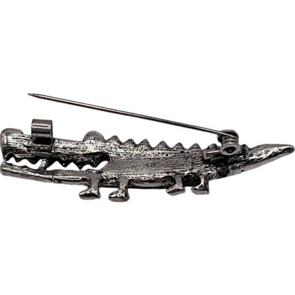 Vintage Alligator Brooch Pin With Black Rhinestones & Silver Tone Finish - Picture 2 of 2